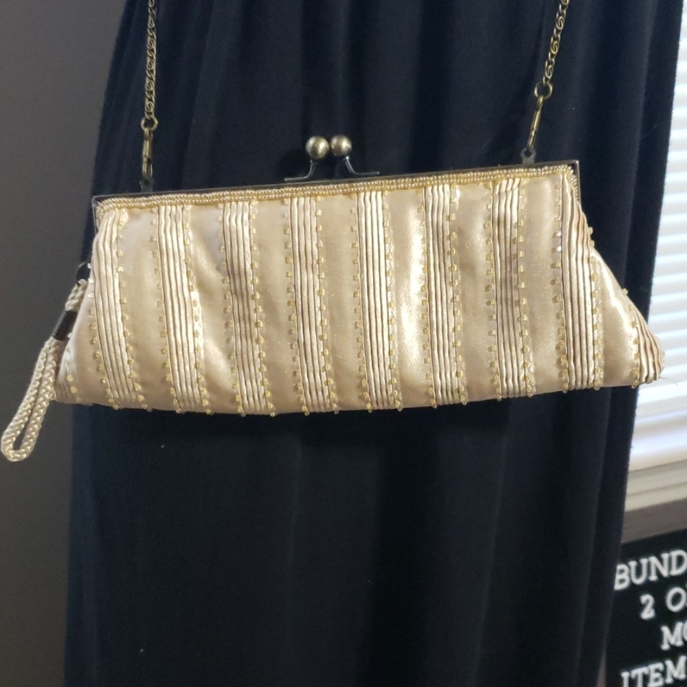 Wristlet/Crossbody Gold Beaded Clutch Bag